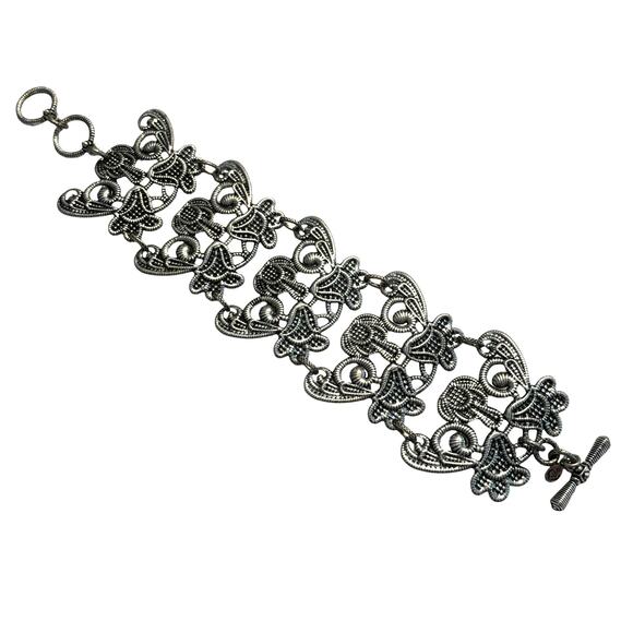 Vintage Premier Designs Wide Silver Panel Chain Bracelet textured ornate Boho - Picture 1 of 9